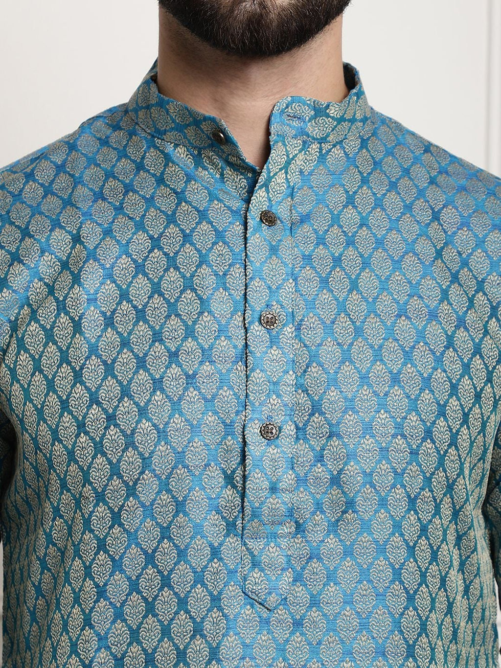 Sojanya Men Blue & Beige Ethnic Motif Printed Jacquard Silk Kurta