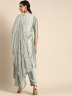 Sangria Women Grey Ethnic Motifs Embroidered Regular Sequinned Chanderi Silk Kurta with Palazzos & With