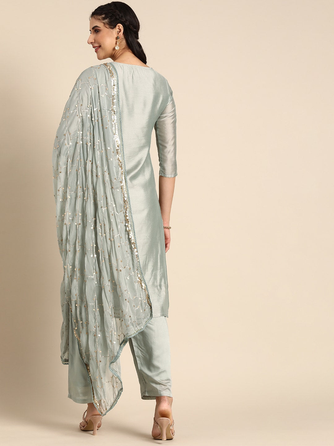 Sangria Women Grey Ethnic Motifs Embroidered Regular Sequinned Chanderi Silk Kurta with Palazzos & With