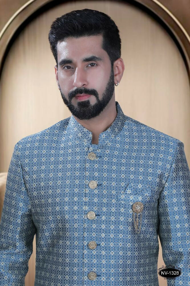 Joban Fashion Men's Blue Brocade Kurta with Pyjama