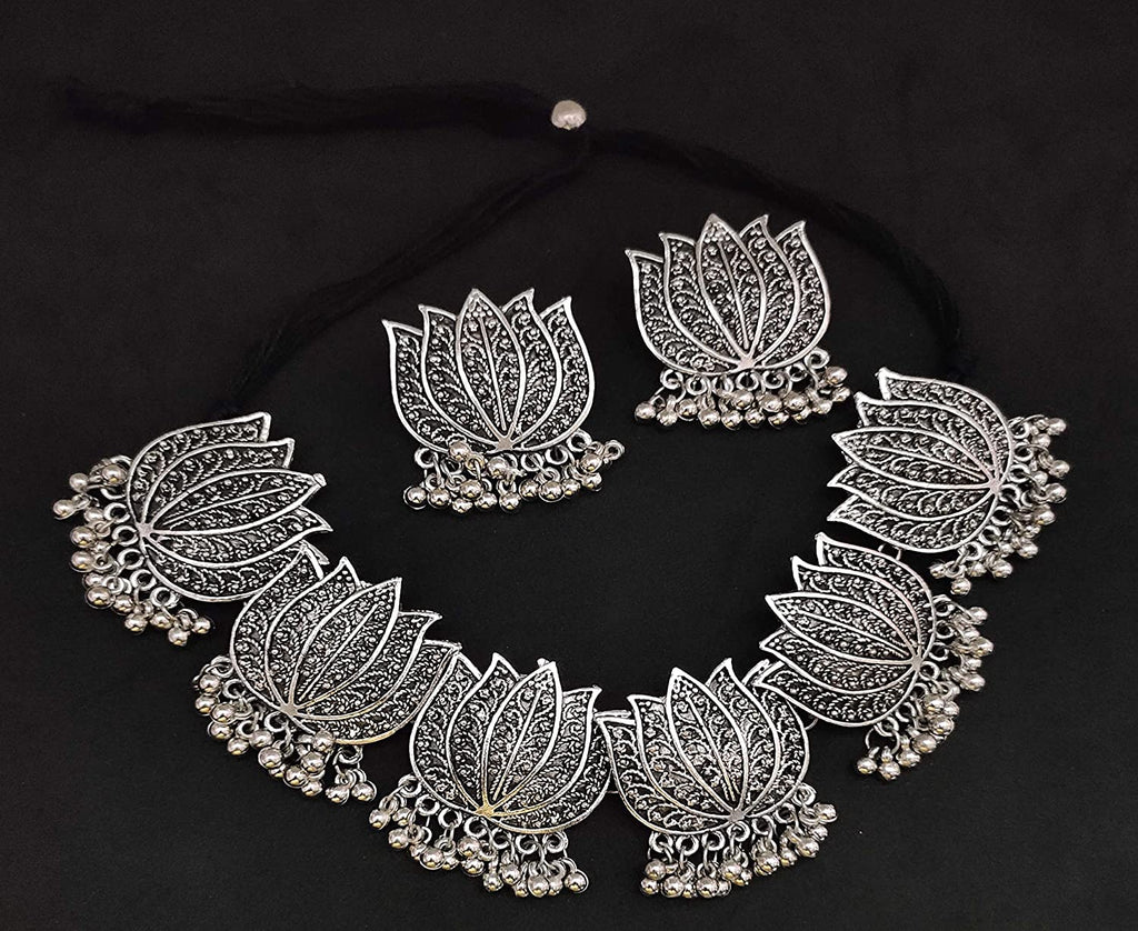 Silver-Plated Alloy Oxidised Lotus Petals Necklace - The Pari