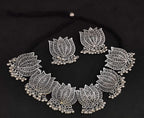 Silver-Plated Alloy Oxidised Lotus Petals Necklace - The Pari