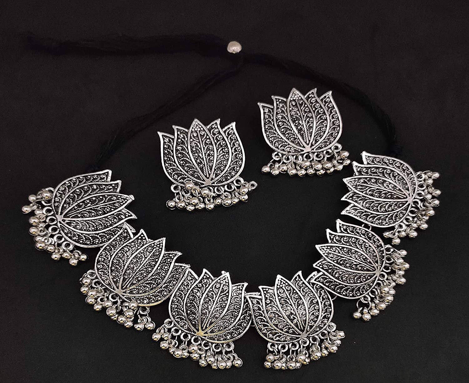 Silver-Plated Alloy Oxidised Lotus Petals Necklace - The Pari