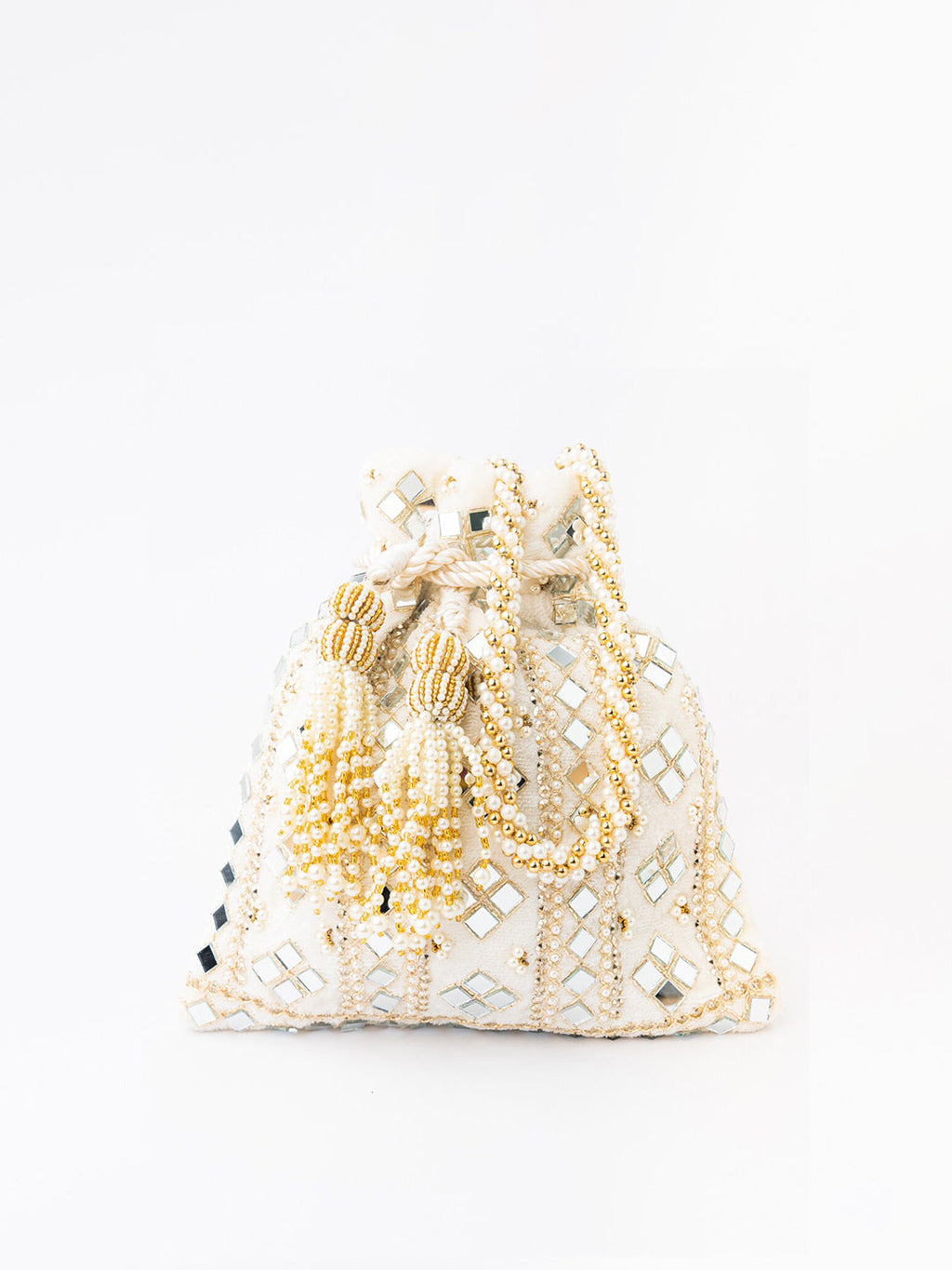 NR By Nidhi Rathi White Mirror Work Embroidered Potli Clutch - Distacart