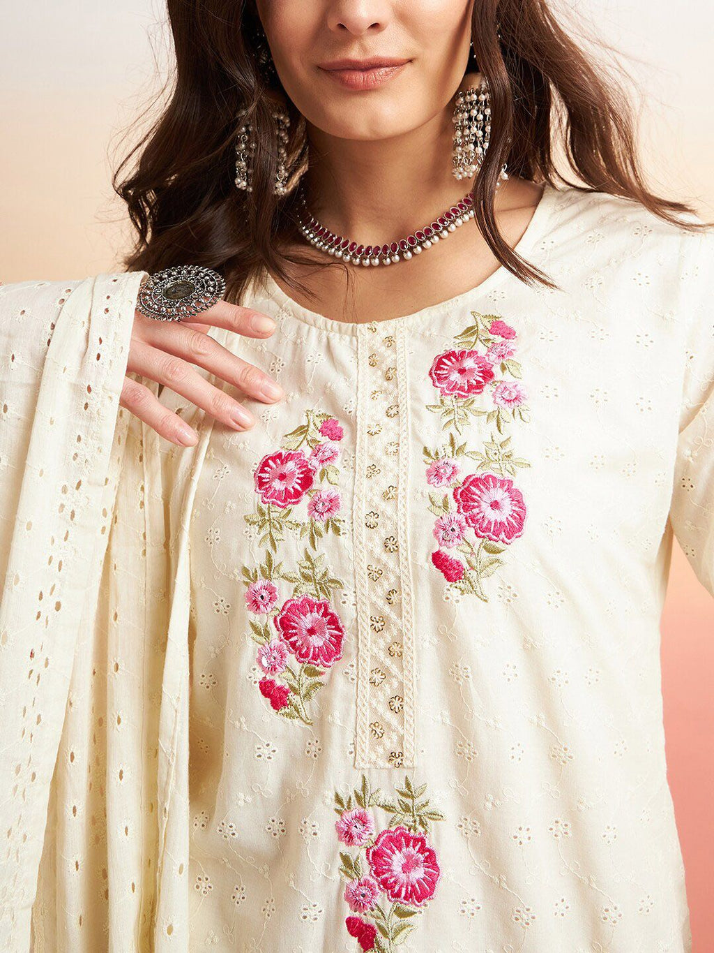 Sangria Pure Cotton Floral Embroidered Straight Kurta With Trousers & Dupatta
