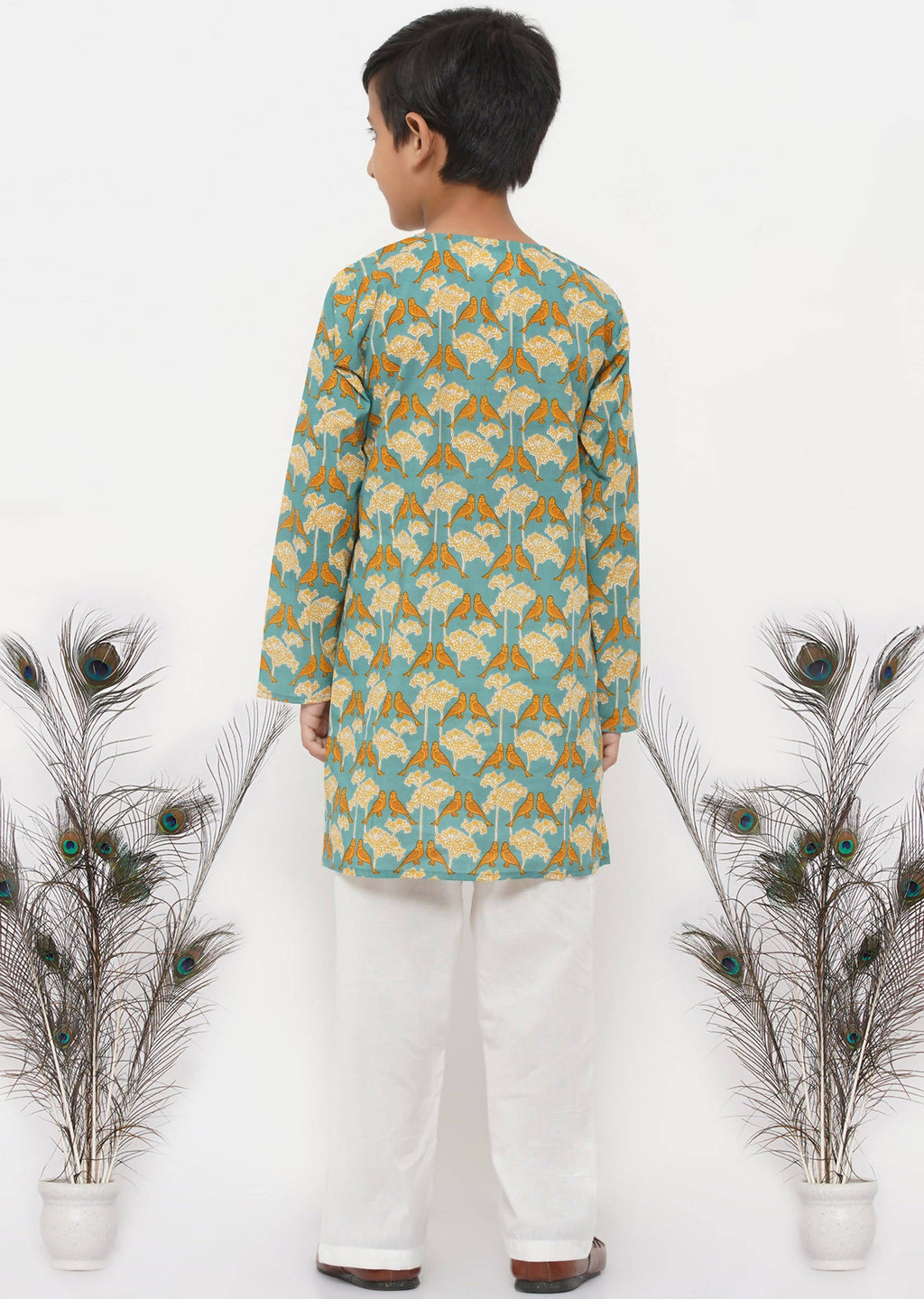 Little Bansi Boys Cotton Bird Print Kurta with Pearl Buttons & Pyjama -Blue & Cream