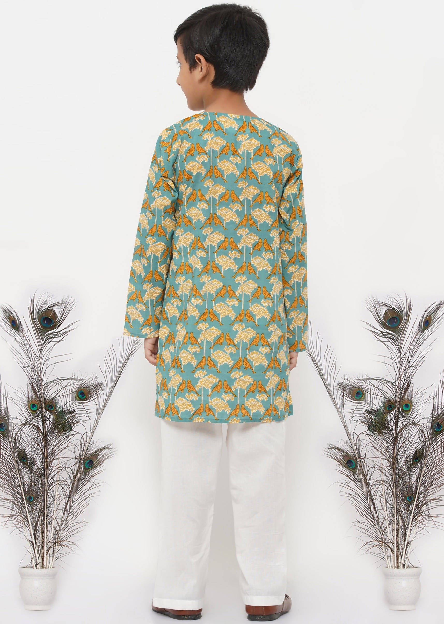 Little Bansi Boys Cotton Bird Print Kurta with Pearl Buttons & Pyjama -Blue & Cream
