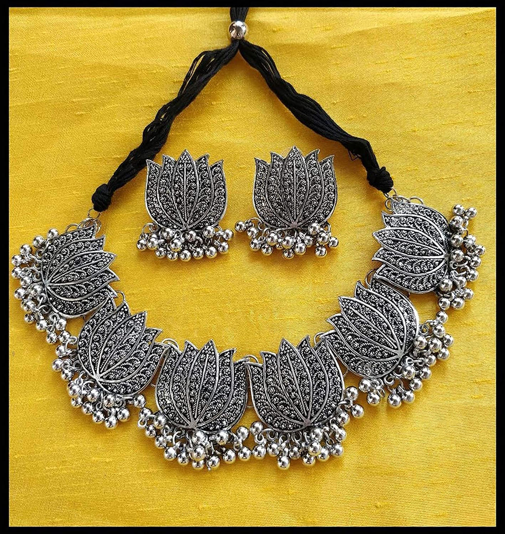 Silver-Plated Alloy Oxidised Lotus Petals Necklace - The Pari