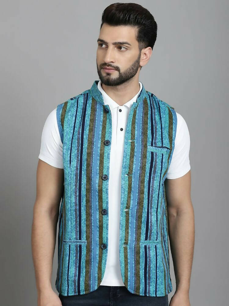 Even Apparels Nehru Jacket With Welt Pockets - Blue