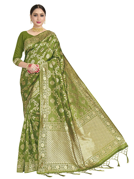 Vardha Women's Olive Green Banarasi Art Silk Saree