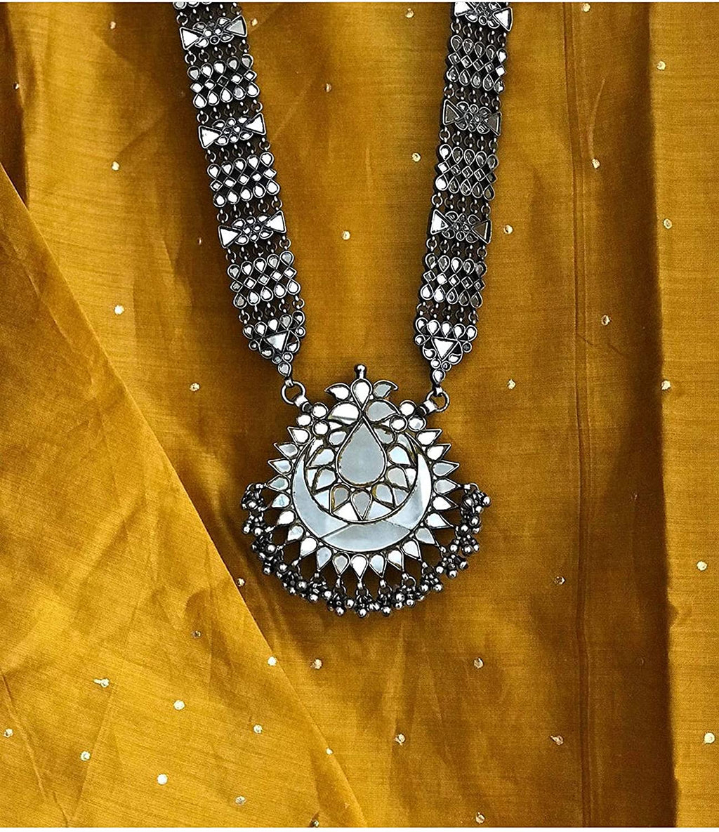Silver-Plated Alloy Long Kundan Studded Silver Oxidised Necklace - The Pari