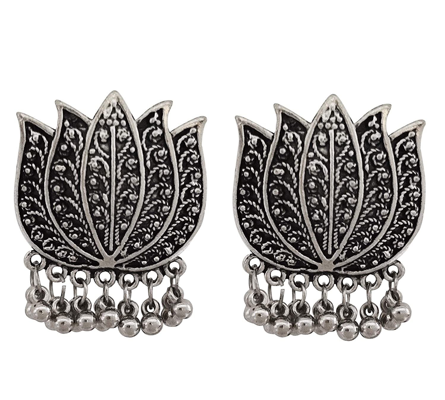 Silver-Plated Alloy Oxidised Lotus Petals Necklace - The Pari