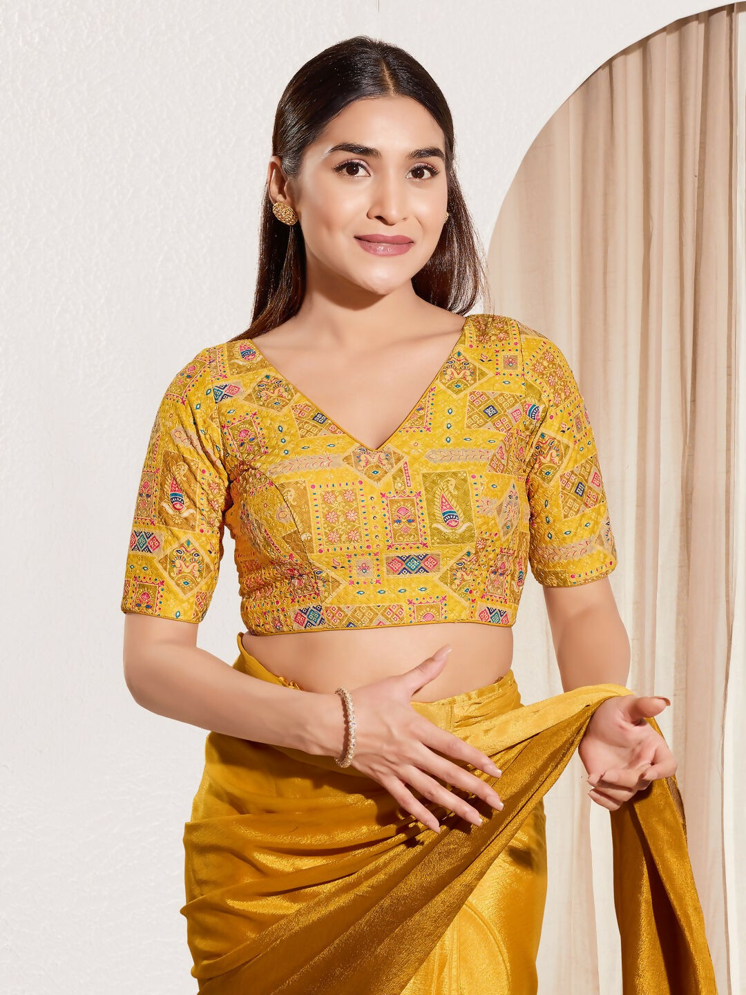 Joban Fashion Yellow Viscose Rayon Padded Blouse With V Neck Elbow Sleeves - Distacart