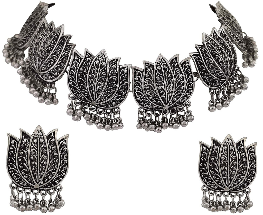 Silver-Plated Alloy Oxidised Lotus Petals Necklace - The Pari
