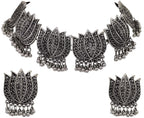 Silver-Plated Alloy Oxidised Lotus Petals Necklace - The Pari