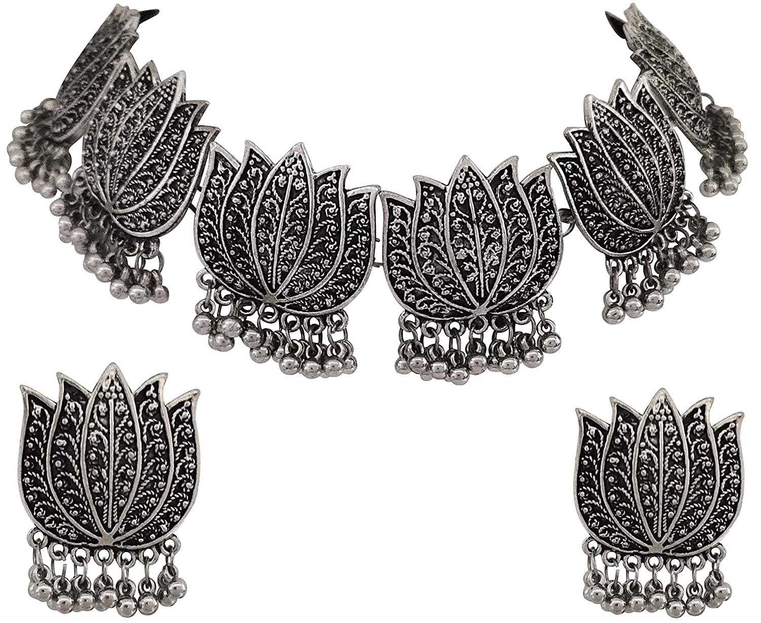 Silver-Plated Alloy Oxidised Lotus Petals Necklace - The Pari