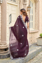 Vastranavya Wine Embroidery Work Shimmer Chiffon Saree with Unstitched Blouse - Distacart