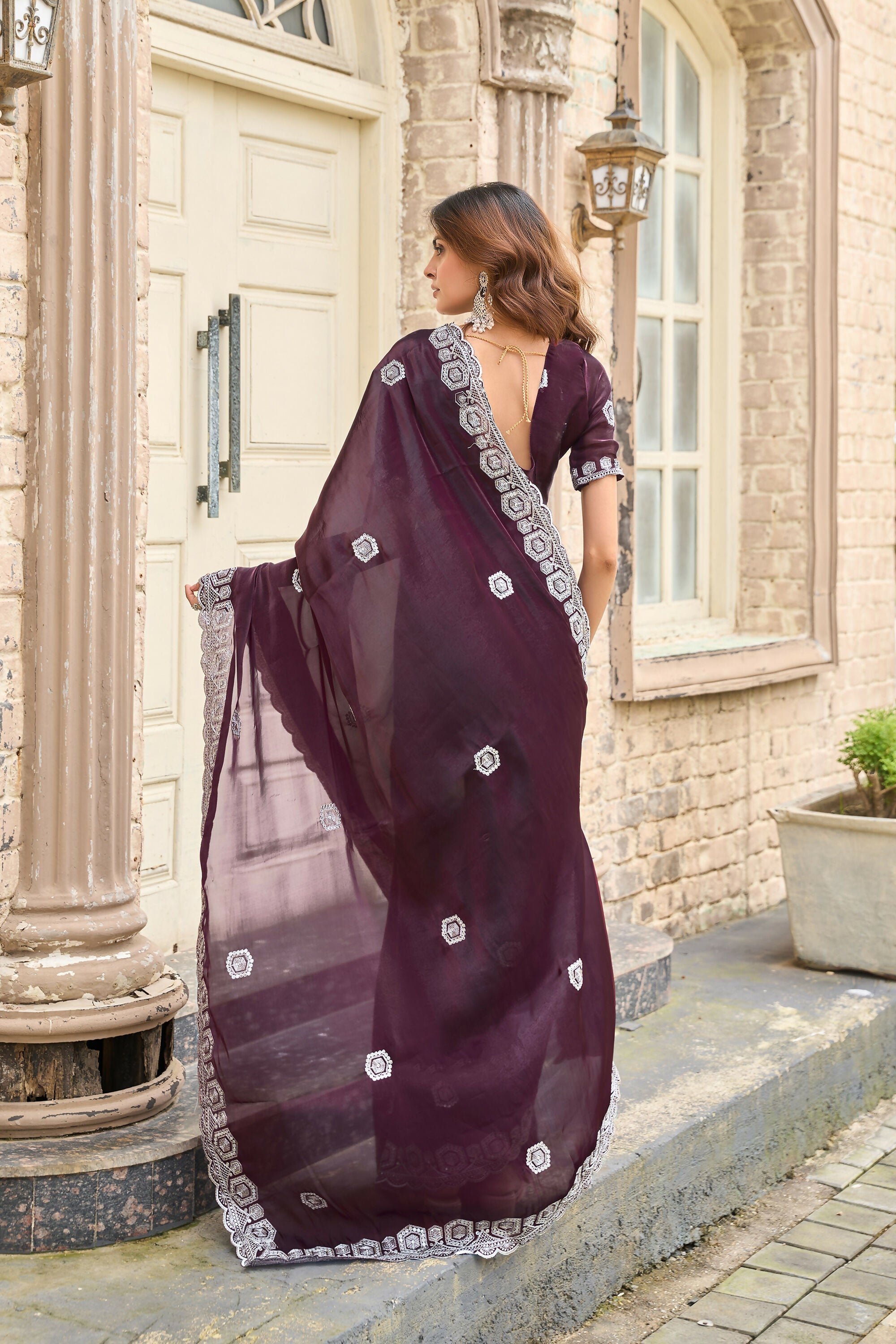 Vastranavya Wine Embroidery Work Shimmer Chiffon Saree with Unstitched Blouse - Distacart