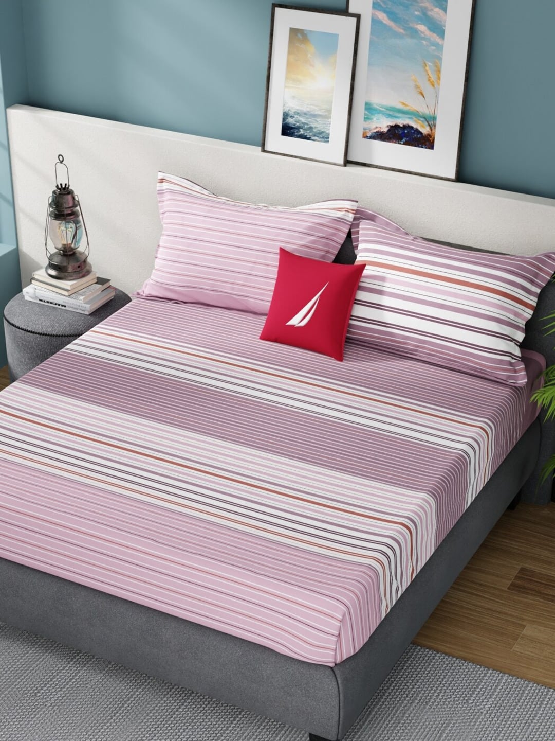 Nautica Bradford Pink & White Striped Cotton 160 TC King Bedsheet with 2 Pillow Covers