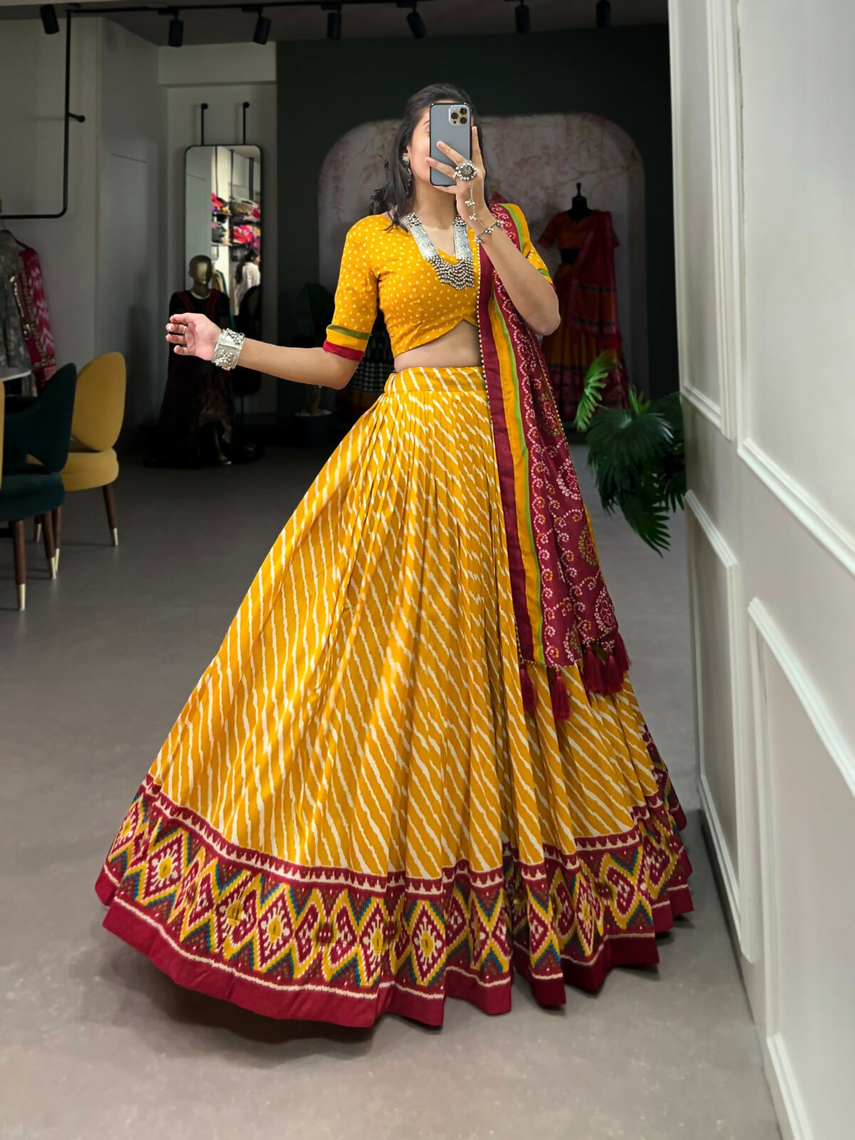 Vastranavya Cultural Leheriya With Patola Print Border Tussar Silk Lehenga Choli - Yellow