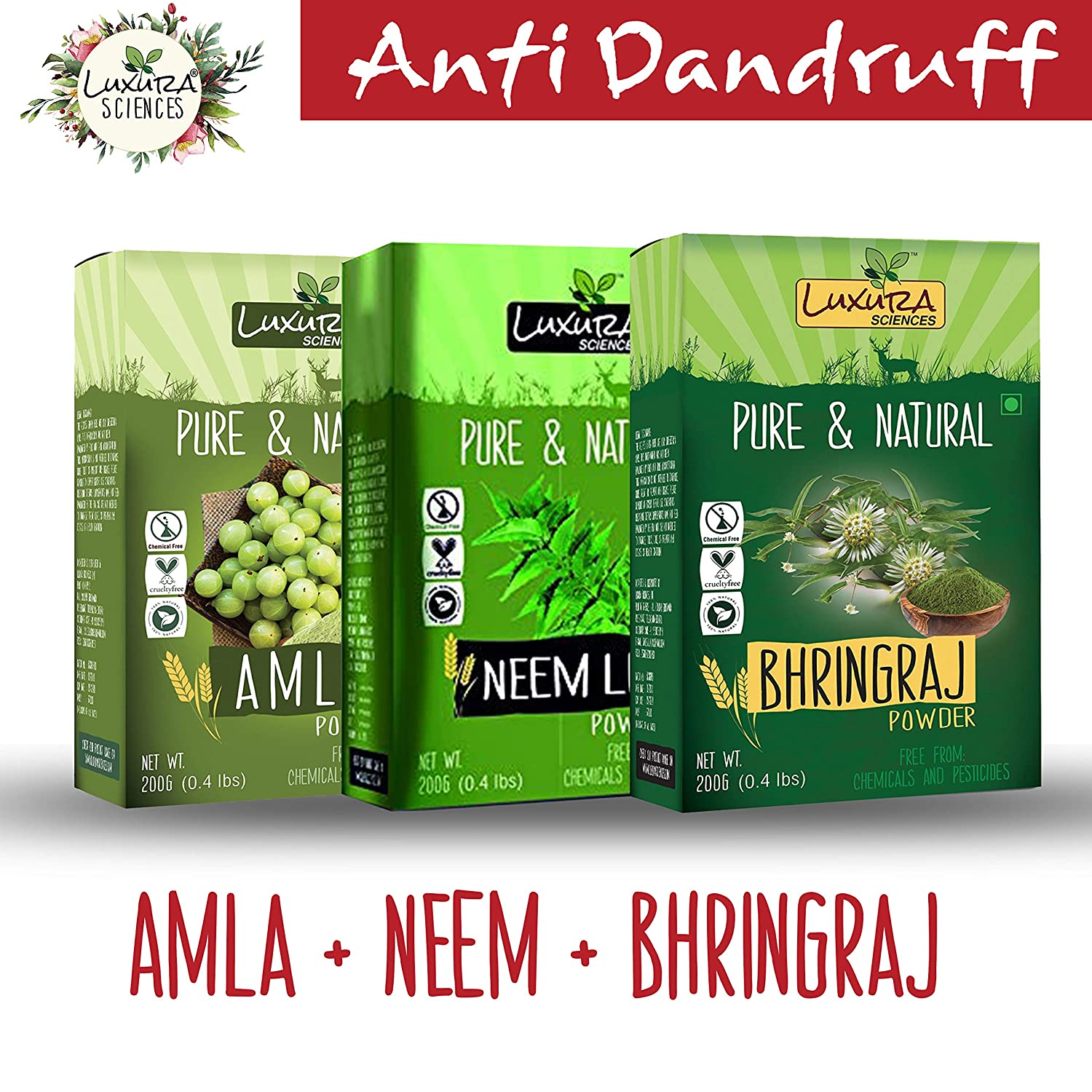 Luxura Sciences Natural Hair Care Set Anti Dandruff - Amla + Neem + Bhringraj