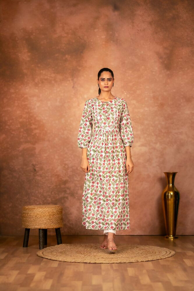 Joban Fashion Red Floral Hand Block Printed Cotton Kurta Pant Set - Distacart