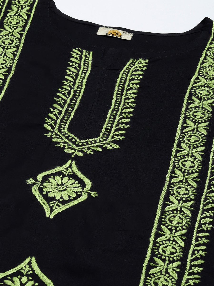 ADA Women Black & Green Ethnic Motifs Embroidered Chikankari Handloom Handloom Kurta