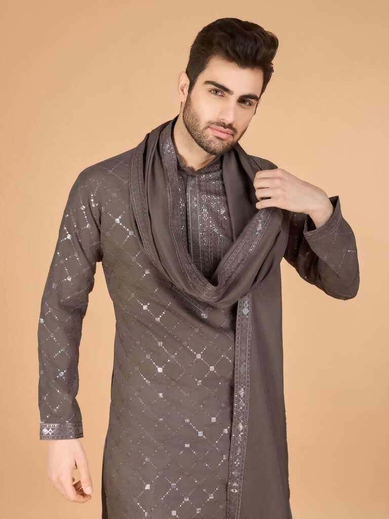 Vastranavya Brown Exclusive Festival Wear Viscose Silk Thread & Sequence Embroidered Work Kurta with Dupatta