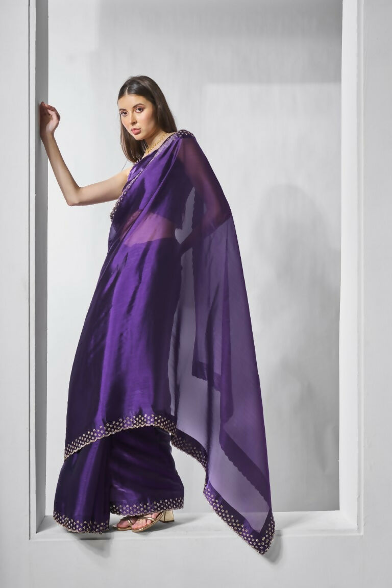 Purple Burburry silk Swarovski Designer Work Saree - Shezlin