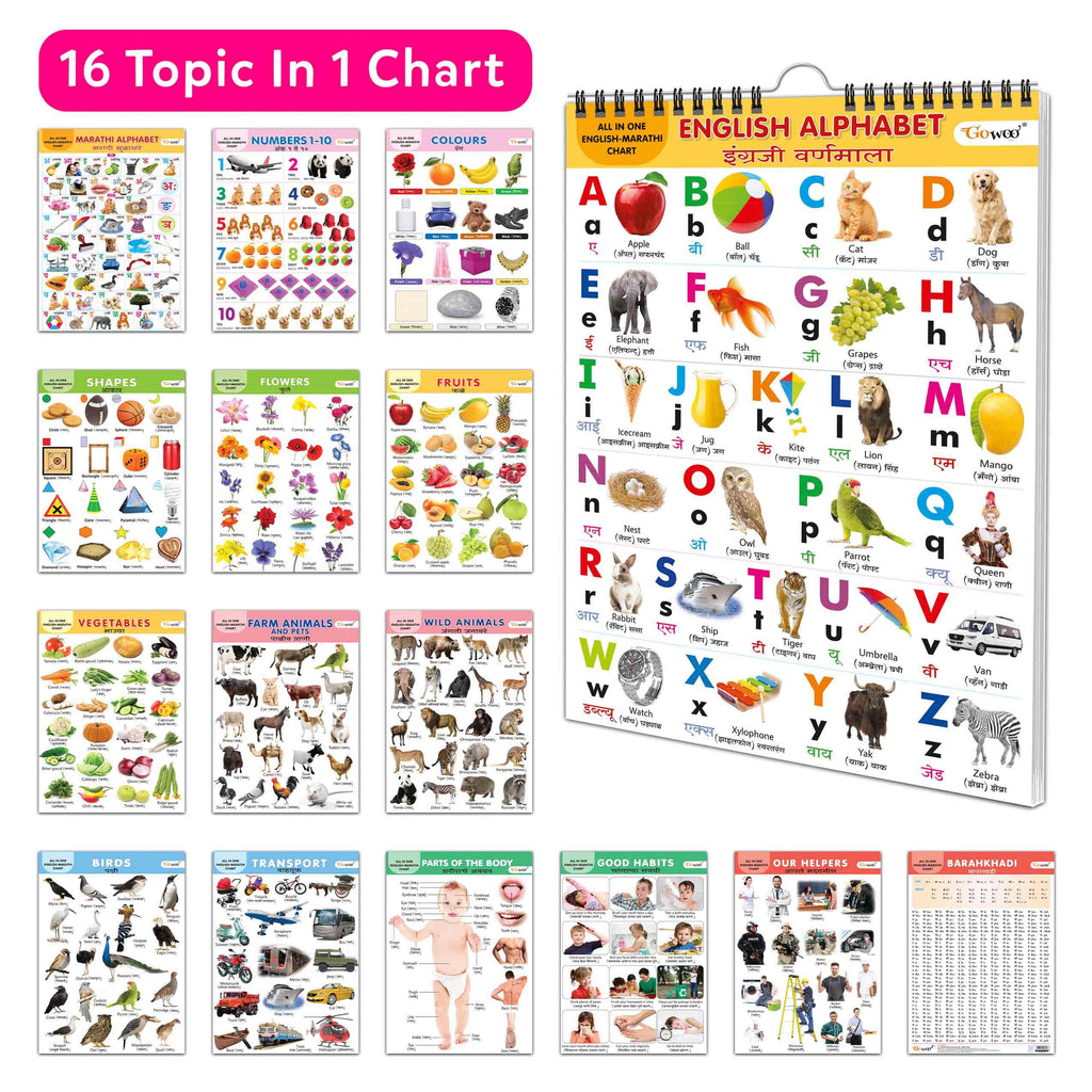 ENGLISH-MARATHI Chart For Kids (16 Charts ) 36 x 50 cm - Children Spiral Wall Picture Chart