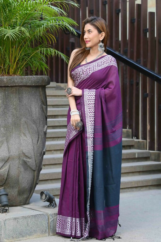 Beatitude Purple Cotton Jacqaurd Border Tangail Handloom Saree