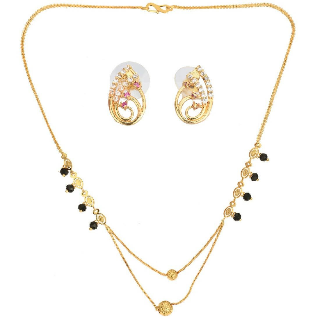AanyaCentric Gold-Polished Short Mangalsutra Set with Earrings