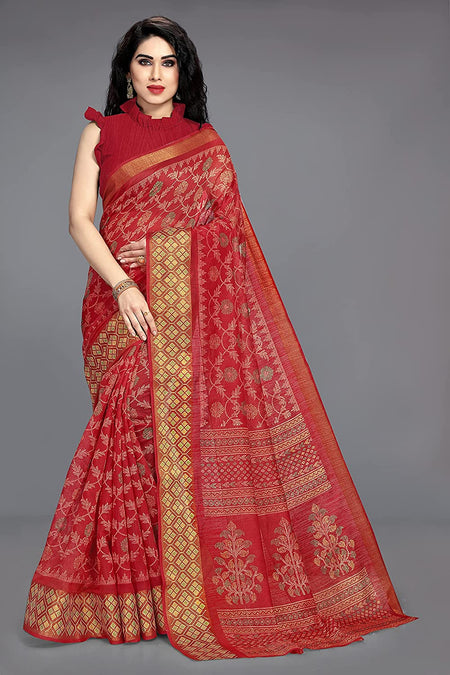 Mirchi Fashion Women's Red Cotton Blend Kalamkari Printed Saree