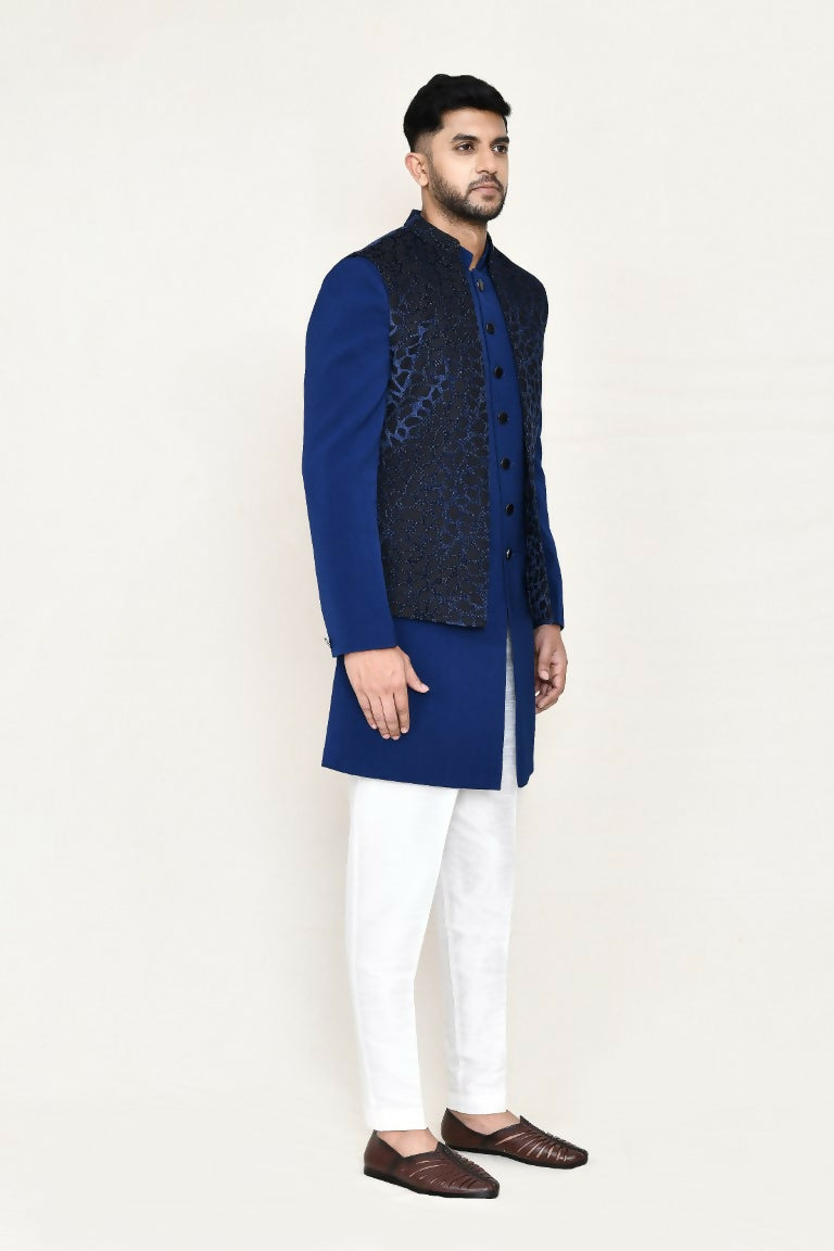 Joban Fashion Blue Colored Imported Jacquard Fabric Open Jacket, Indo Western With Straight Fit Pant