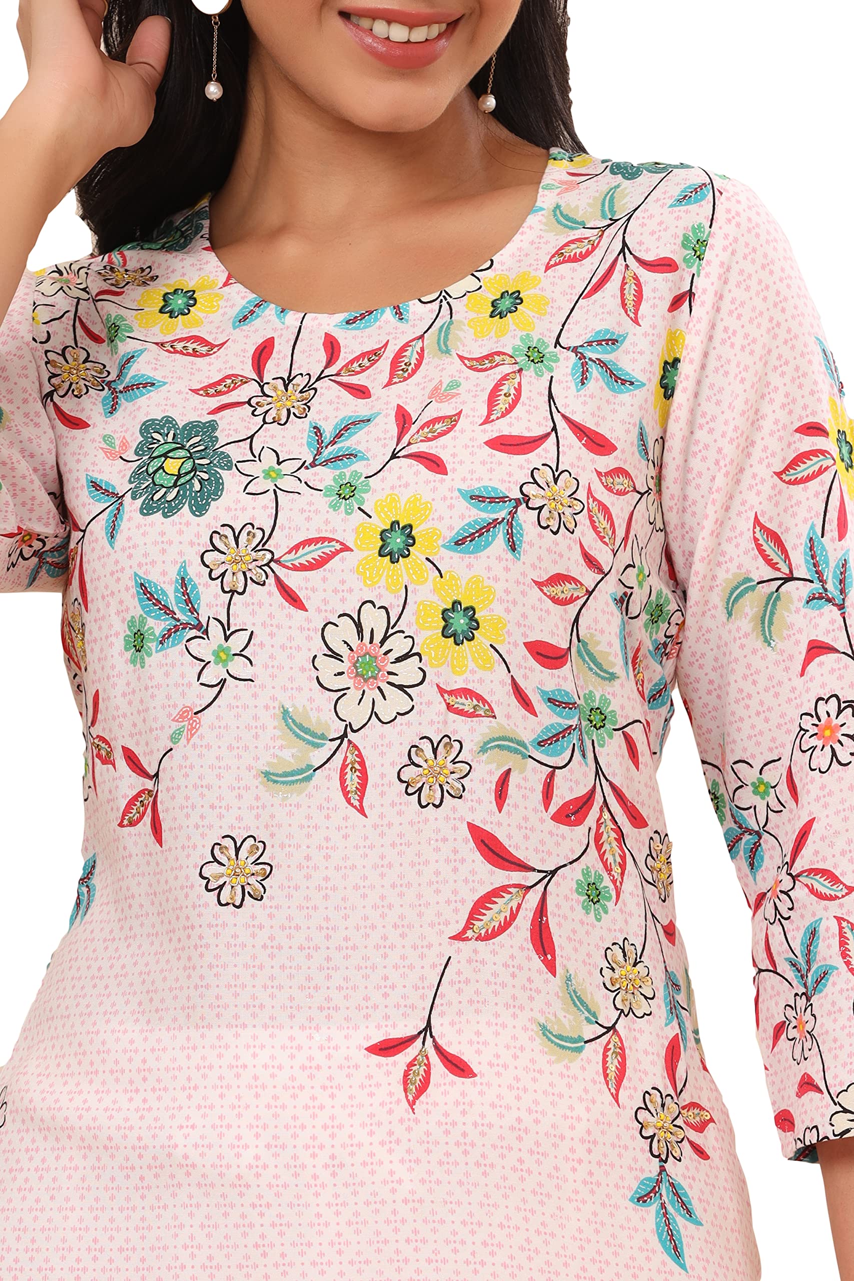 Juniper Women's Pink Floral Printed Rayon Kurta With Sequins & Beads Work