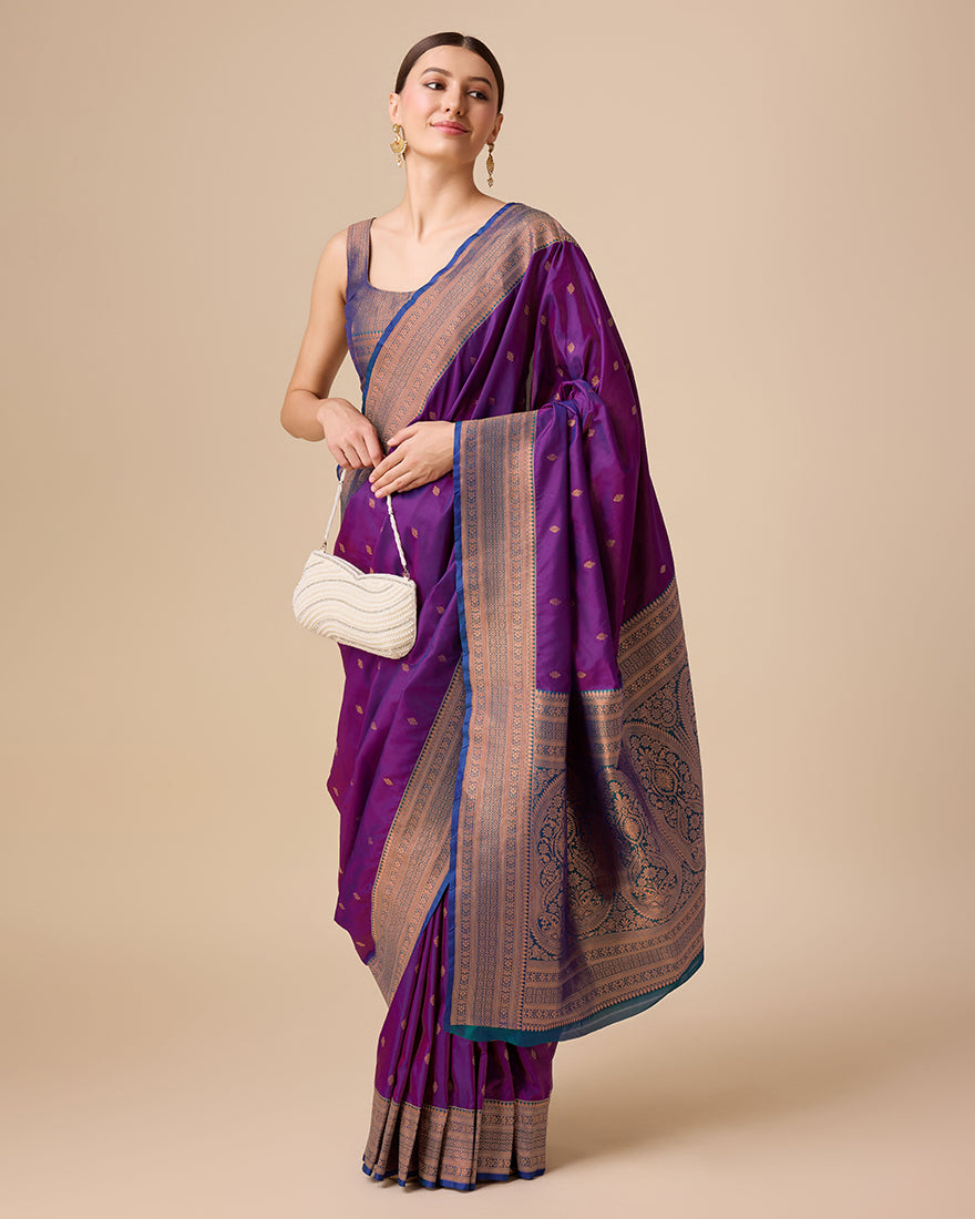 Monjolika Fashion Elegant Dark Purple Banarasi With Intricate Zari Work With Rich Brocade Patterns Silk Saree - Distacart