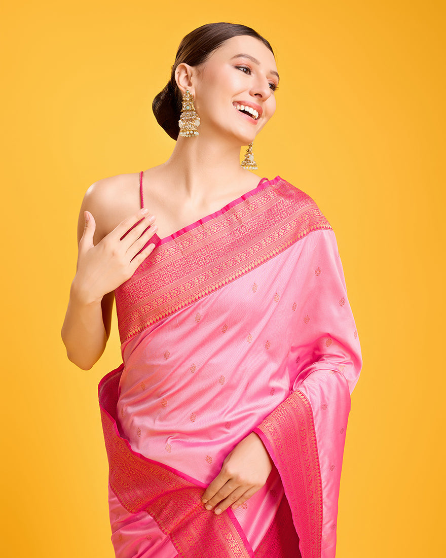 Monjolika Fashion Elegant Light Pink Banarasi With Intricate Zari Work With Rich Brocade Patterns Silk Saree - Distacart