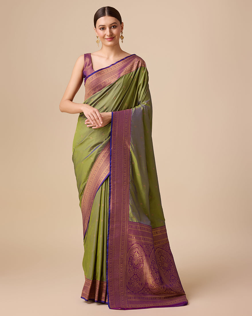 Monjolika Fashion Elegant Olive Green Banarasi With Intricate Zari Work With Rich Brocade Patterns Silk Saree