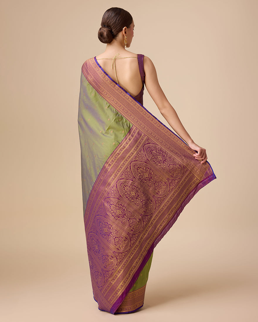 Monjolika Fashion Elegant Olive Green Banarasi With Intricate Zari Work With Rich Brocade Patterns Silk Saree