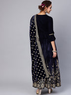 Juniper Women Navy Velvet Embroidered Flared Lehenga Choli Sets - Distacart