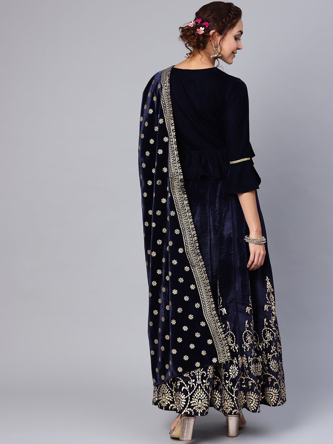 Juniper Women Navy Velvet Embroidered Flared Lehenga Choli Sets - Distacart