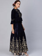 Juniper Women Navy Velvet Embroidered Flared Lehenga Choli Sets - Distacart