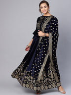 Juniper Women Navy Velvet Embroidered Flared Lehenga Choli Sets - Distacart