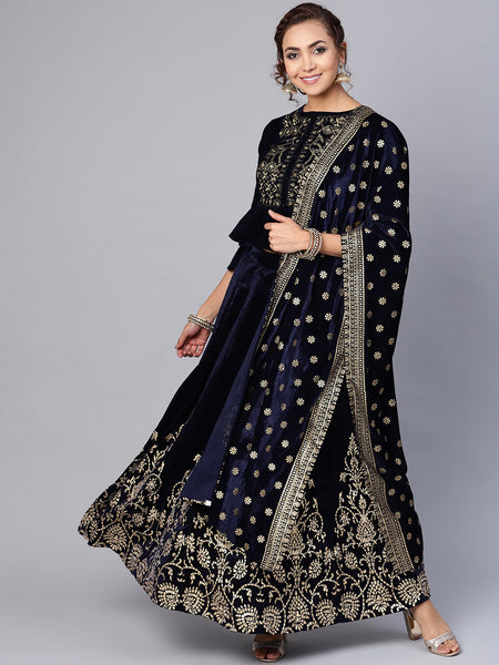 Indian Clothing Juniper Women Navy Velvet Embroidered Flared Lehenga Choli Sets