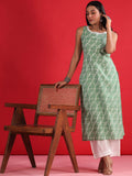 Indo Era Geometric Printed Round Neck Sleeveless Gotta Patti Cotton Straight Kurta - Distacart