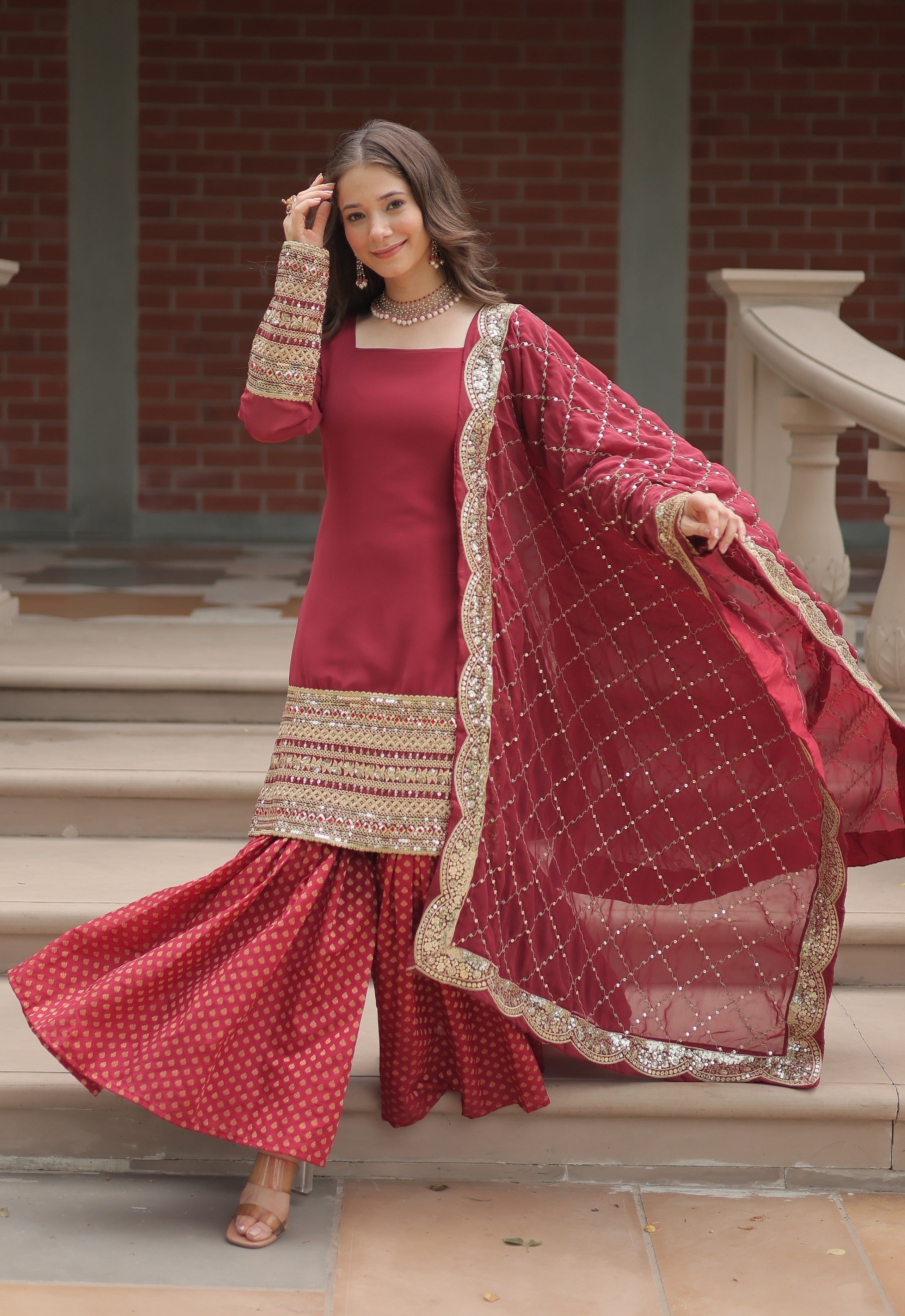 Vedant Vastram Heavy Embroidery & Sequins Work Pure Georgette Top Sharara Set With Dupatta - Maroon - Distacart