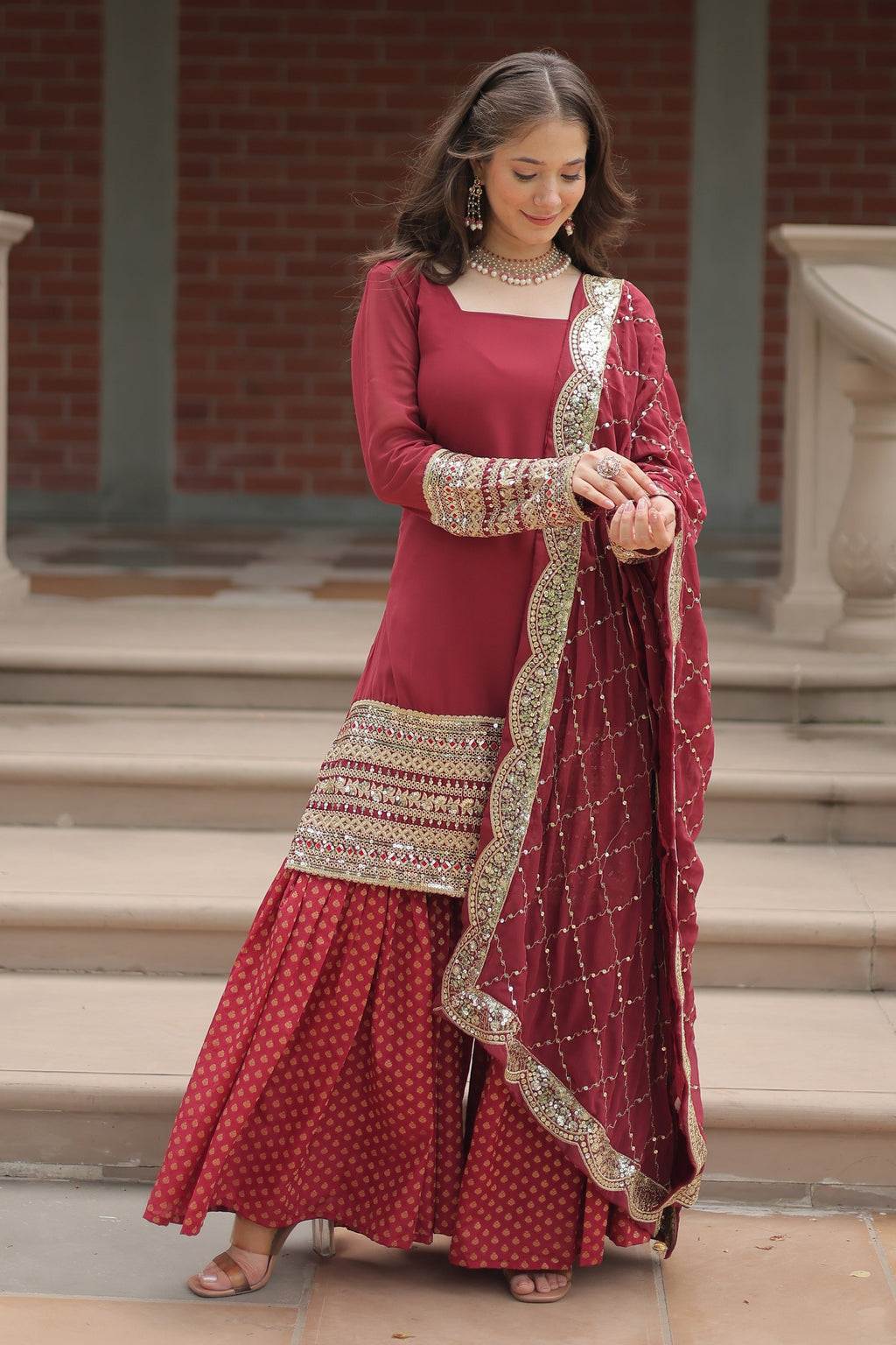 Vedant Vastram Heavy Embroidery & Sequins Work Pure Georgette Top Sharara Set With Dupatta - Maroon - Distacart