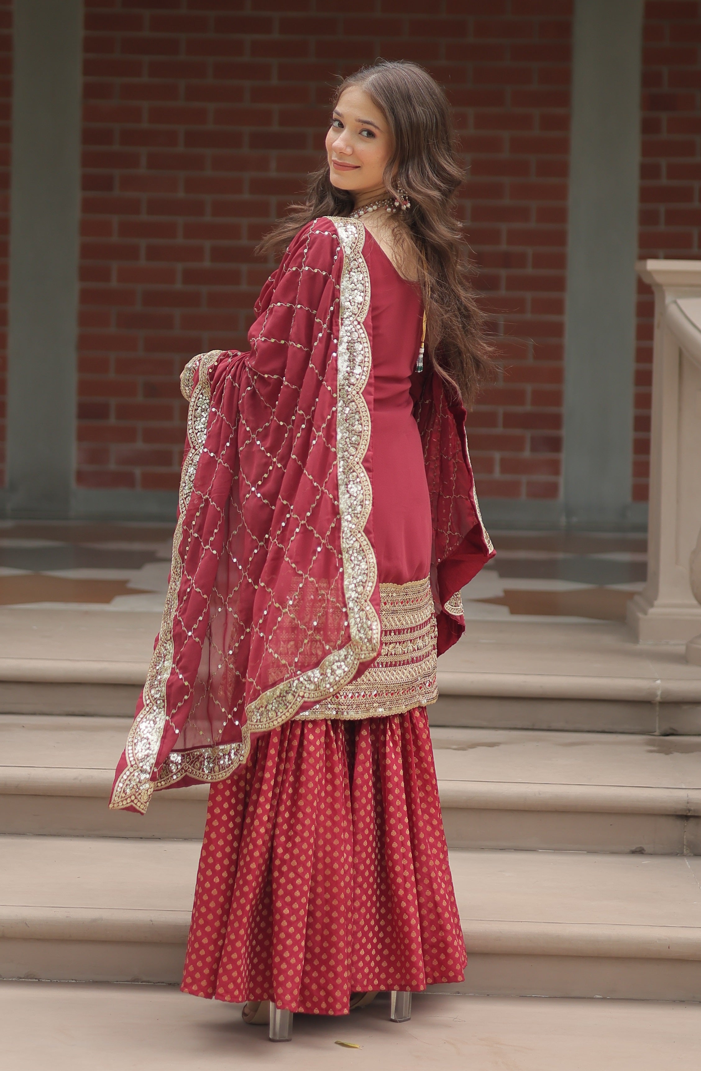 Vedant Vastram Heavy Embroidery & Sequins Work Pure Georgette Top Sharara Set With Dupatta - Maroon - Distacart