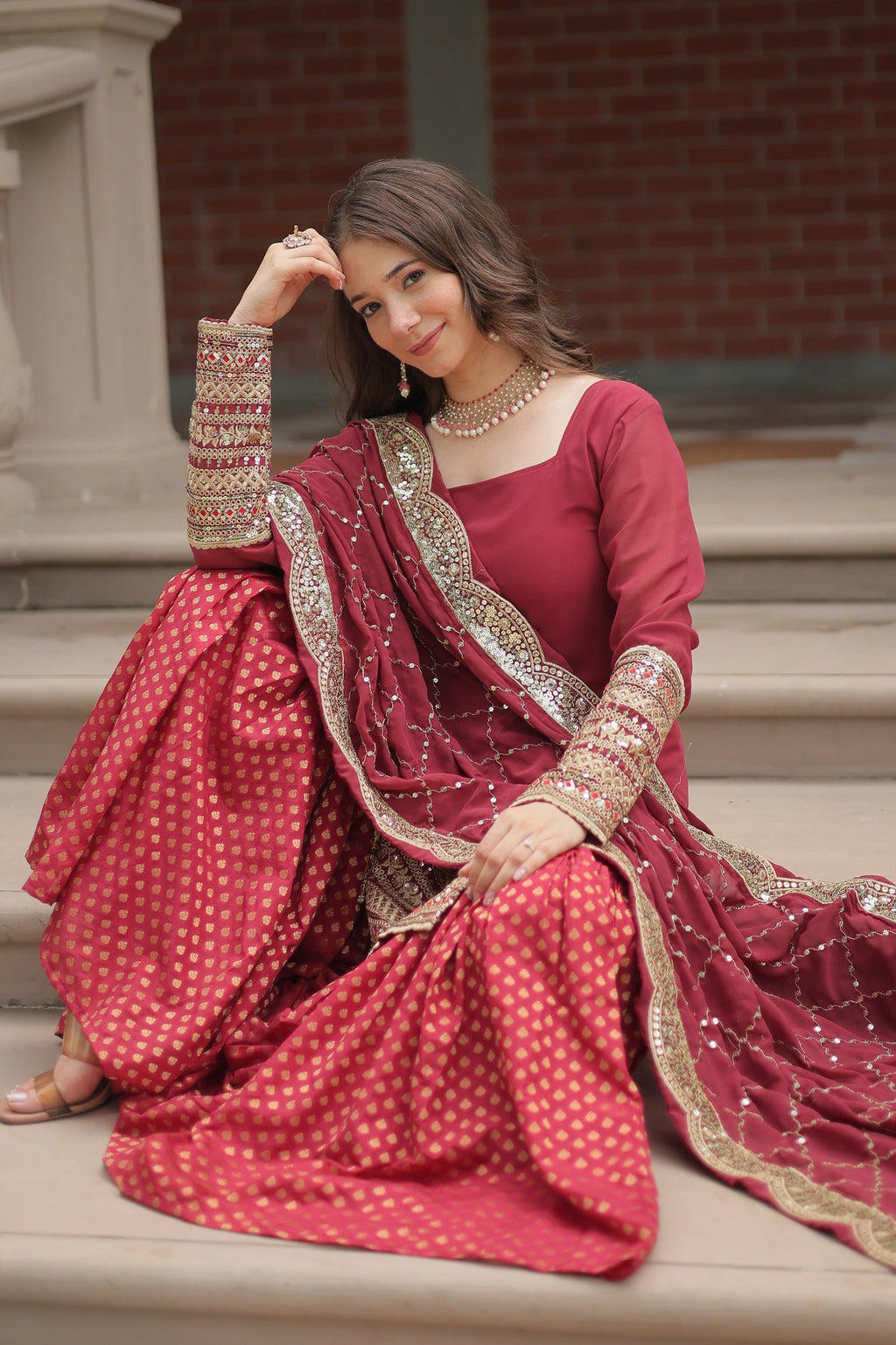 Vedant Vastram Heavy Embroidery & Sequins Work Pure Georgette Top Sharara Set With Dupatta - Maroon - Distacart