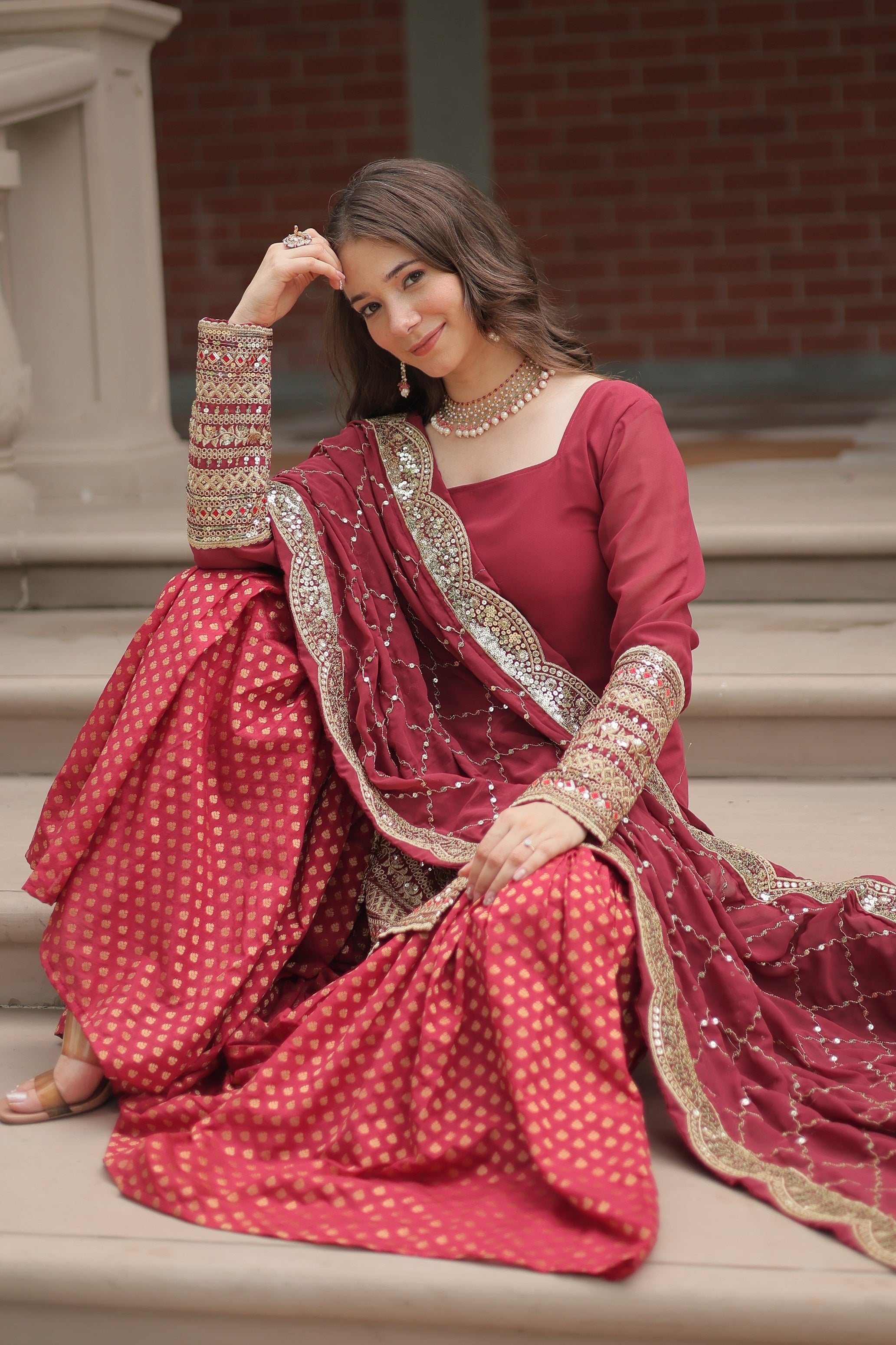 Vedant Vastram Heavy Embroidery & Sequins Work Pure Georgette Top Sharara Set With Dupatta - Maroon - Distacart
